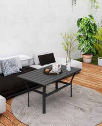 Outdoor Coffee Table with Slatted Tabletop, All-Weather Rectangle Metal Patio Coffee Table for Garden, Black