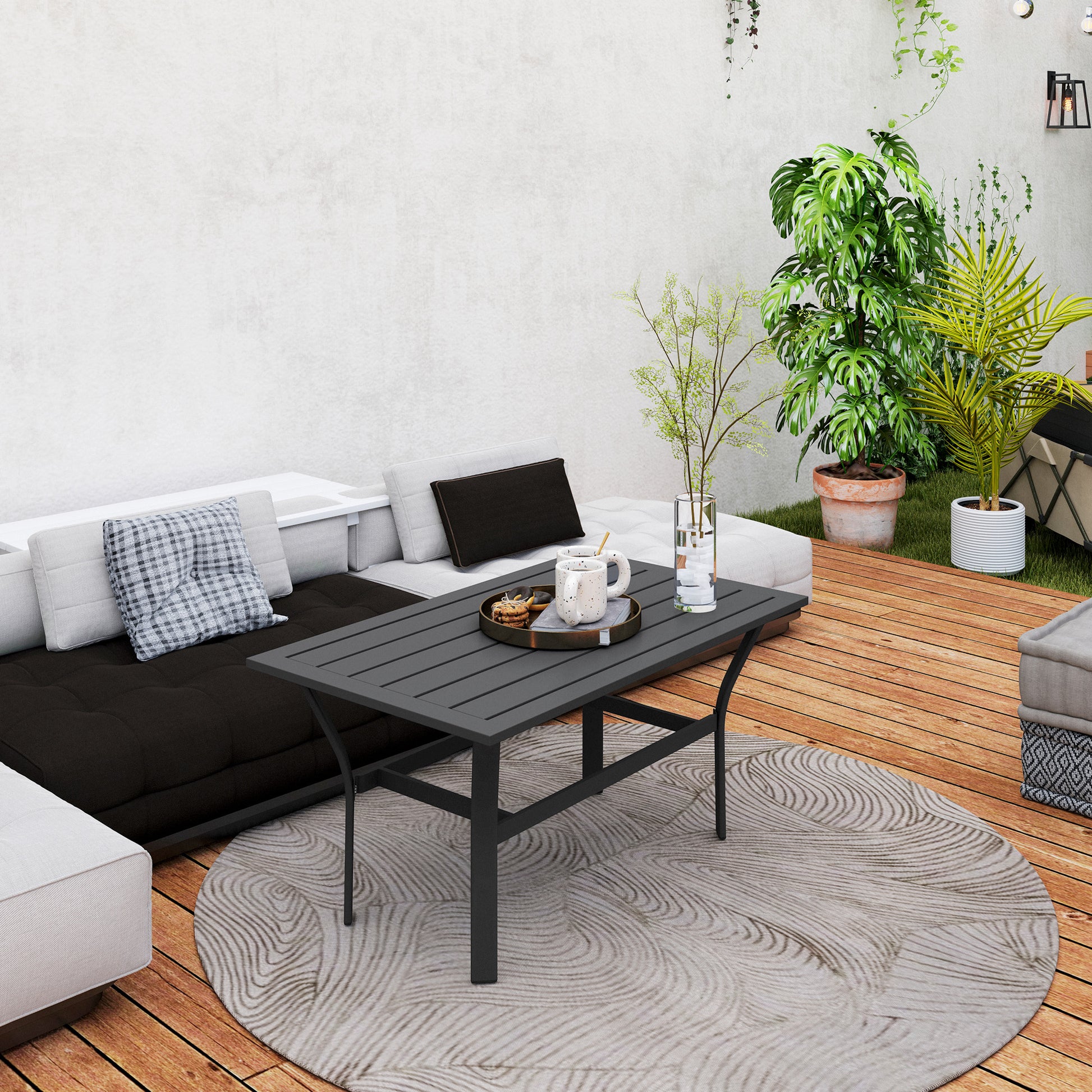 Outdoor Coffee Table with Slatted Tabletop, All-Weather Rectangle Metal Patio Coffee Table for Garden, Black
