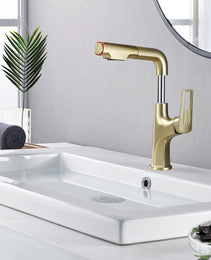 Brushed Gold Pull-Down Vessel Faucet - Single Hole Bathroom Sink Faucet With Lift Spout & Dual Spray Modes