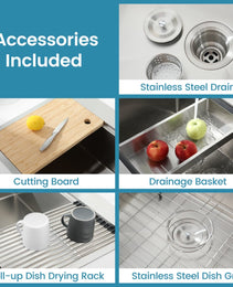Stainless Steel Kitchen Sink,Single Bowl, Overmount Handmade Sink In Brushed, With Cutting Board, Colander, Grid, LS-SSBR01