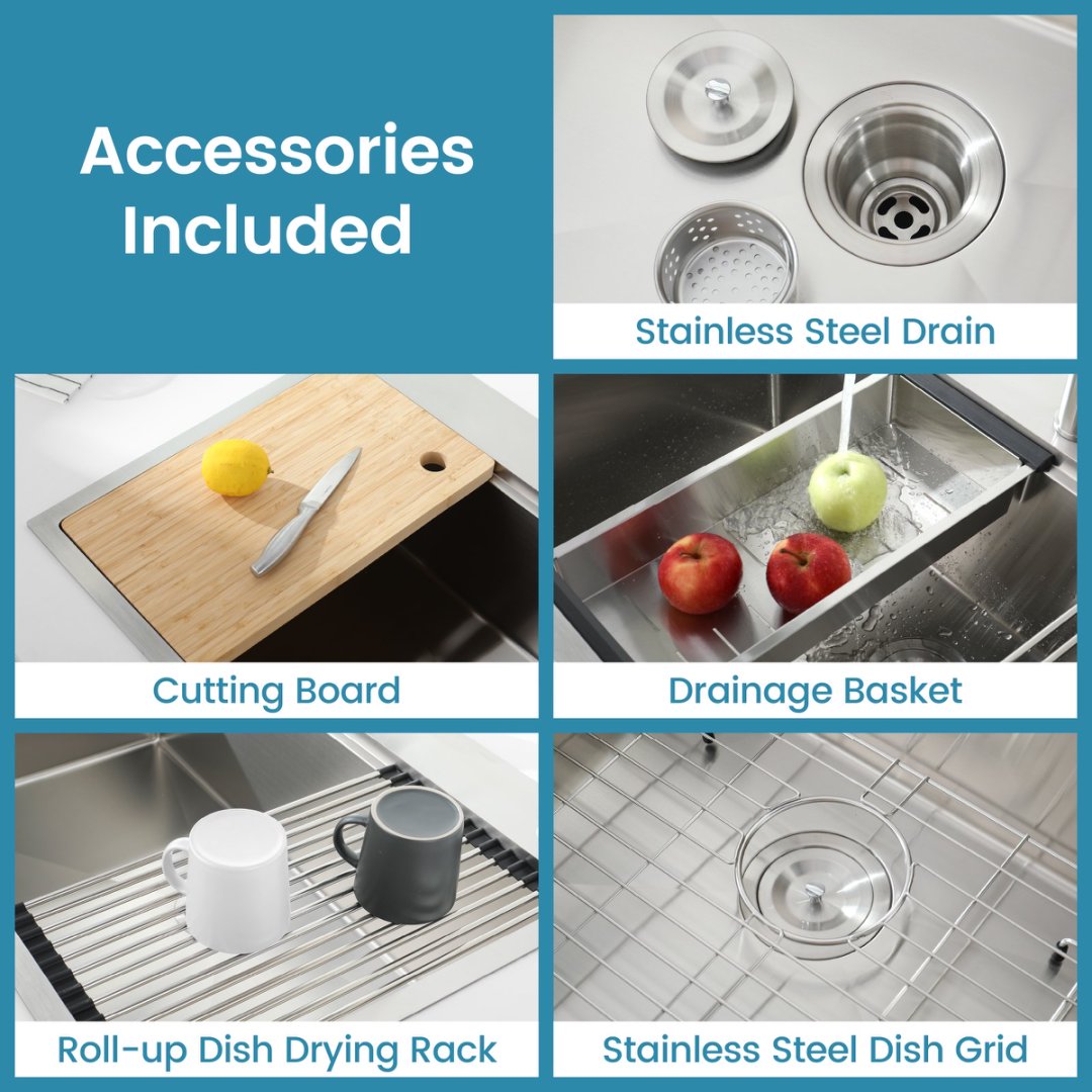 Stainless Steel Kitchen Sink,Single Bowl, Overmount Handmade Sink In Brushed, With Cutting Board, Colander, Grid, LS-SSBR01