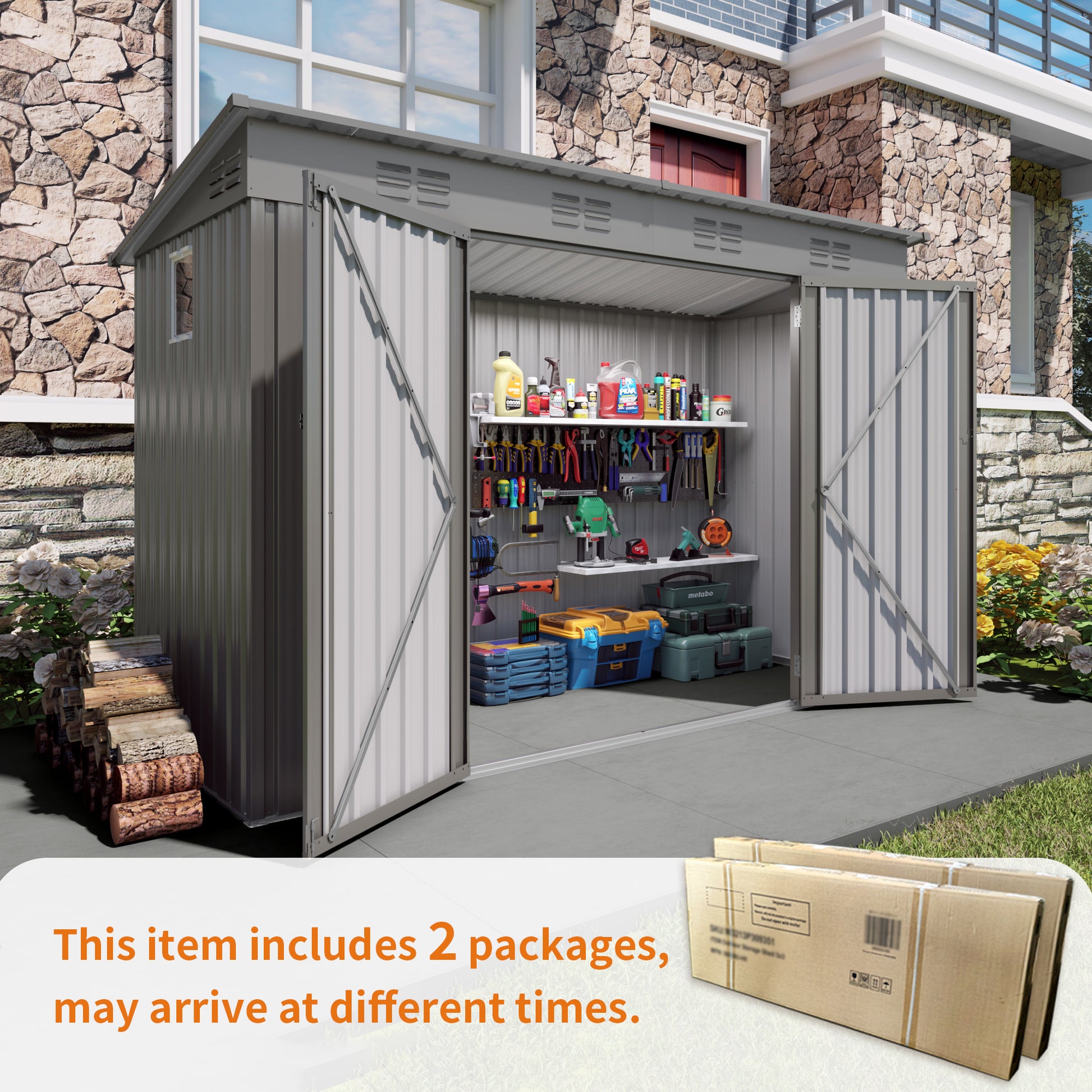 4 X 9 FT Outdoor Storage Shed, Metal Garden Shed Tool House With Sloping Roof,6 Vents And 2 Swing Doors For Backyard, Garden,Patio, Garage, Lawn, Gray