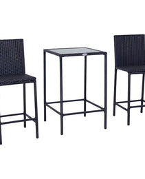 3pcs Rattan Bar Set with Glass Top Table, 2 Bar Stools for Outdoor, Patio, Garden, Poolside, Backyard
