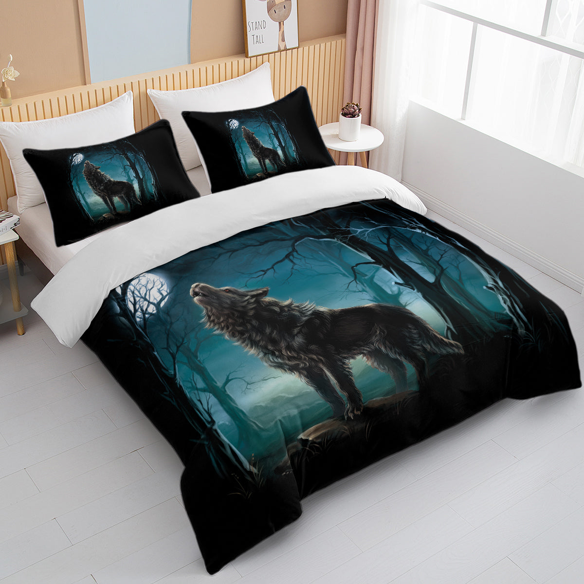 Moon Wolf Bedding Green Watercolor Forest Wolf Landscape Duvet Cover Sets 3 Pieces Wild Animal Bedding Set Twin Full Queen King Size