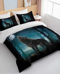 Moon Wolf Bedding Green Watercolor Forest Wolf Landscape Duvet Cover Sets 3 Pieces Wild Animal Bedding Set Twin Full Queen King Size