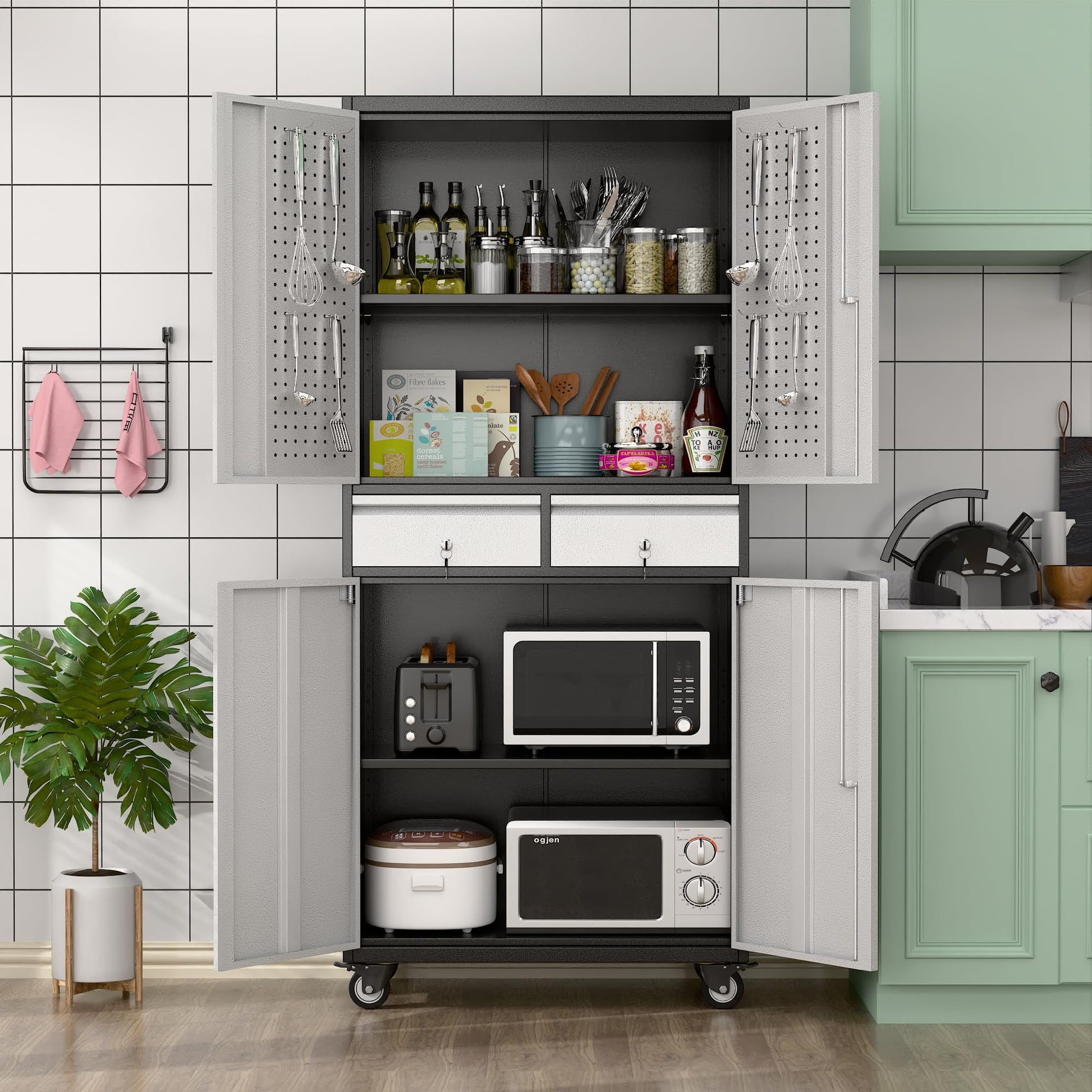 Aobabo Metal Storage Cabinet With Locking Doors And Pegboards, Steel Rolling Tool Storage Cabinet With 2 Drawer And 2 Adjustable Shelves For Garage, Kitchen, Office, Assembly Required, Black Grey