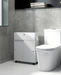 Toilet Paper Cabinet, Slim Bathroom Cabinet with 4 Rolling Wheels, Small Bathroom Storage Cabinet with Paper Holes, Sliding Doors and Adjustable Shelf for Small Space, White