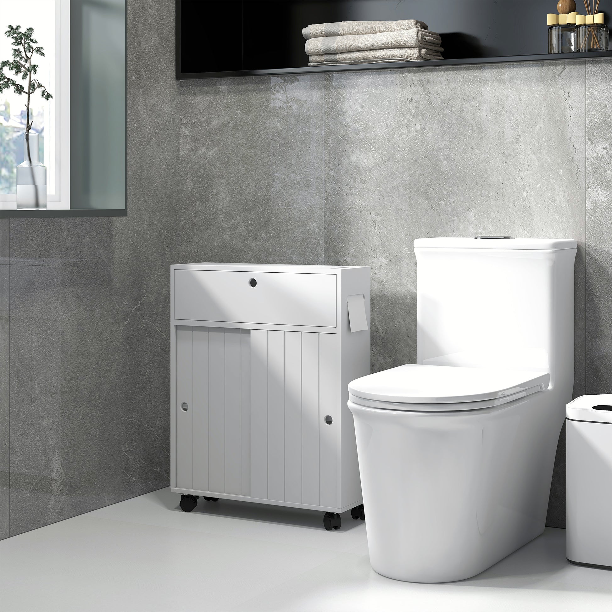 Toilet Paper Cabinet, Slim Bathroom Cabinet with 4 Rolling Wheels, Small Bathroom Storage Cabinet with Paper Holes, Sliding Doors and Adjustable Shelf for Small Space, White