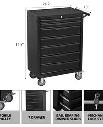 7-Drawer Rolling Tool Chest Cabinet, Large Capacity Metal Tool Box With Wheels And Cylinder Locking, Roll Around Storage Organizer Tool Cart For Garage, Warehouse, Work Shop - Black