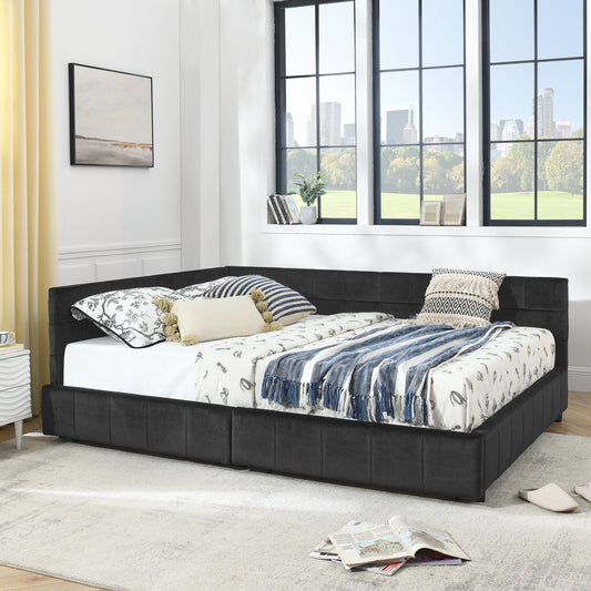Queen Size Storage Upholstered Tufted Bed Frame, Sofa Bed Frame With Comfortable Backrest And Armrests, Queen Size Bed For Bedroom, Living Room,Velvet, BLACK 85.5x64.5x29.5