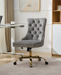 A&A Furniture Office Chair,Modern Velvet Upholstered Tufted Button Home Office Chair With Golden Metal Base,Adjustable Desk Chair Swivel Office Chair Gray