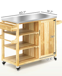 Outdoor Grill Cart With Stainless Steel Top, Solid Wood Outdoor Kitchen Island With Wheels, Natural Wood
