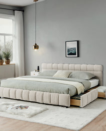 California King Size Upholstered Bed ,comfortable Upholstered Bed Frame, Chenille Fabric, With Headboard And Solid Bed Frame. With Drawer For Storage.-Beige 90.5x80.5x31