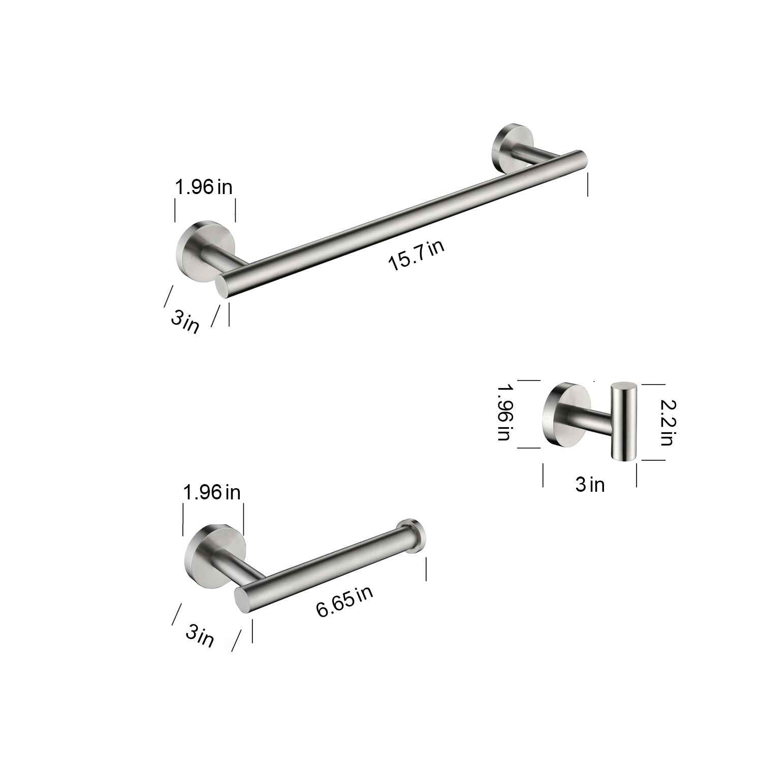 3-Pieces Bathroom Hardware Accessories Set - Towel Bar, Toilet Paper Holder, Robe Towel Hooks