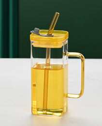 1 Pcs Pink Glass Straw Cup, 6 Colors Square Glass Cup With Straw And Lid, High Borosilicate Glass Cup, Milk Cup, Juice Cup, Cold Drink Cup, Coffee Cup, Tea Cup, Office Cup, Gift Cup