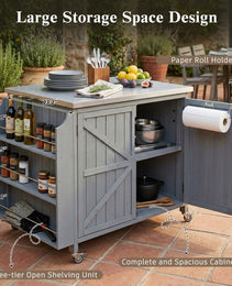 K&K 42.1  Outdoor Kitchen Island With Side Shelf, Outdoor Grill Cart With Storage Cabinet, Outdoor Kitchen Cabinet With Stainless Steel Top,  Adjustable Shelf And 4  Wheels For Pizza Prep, Grey Blue