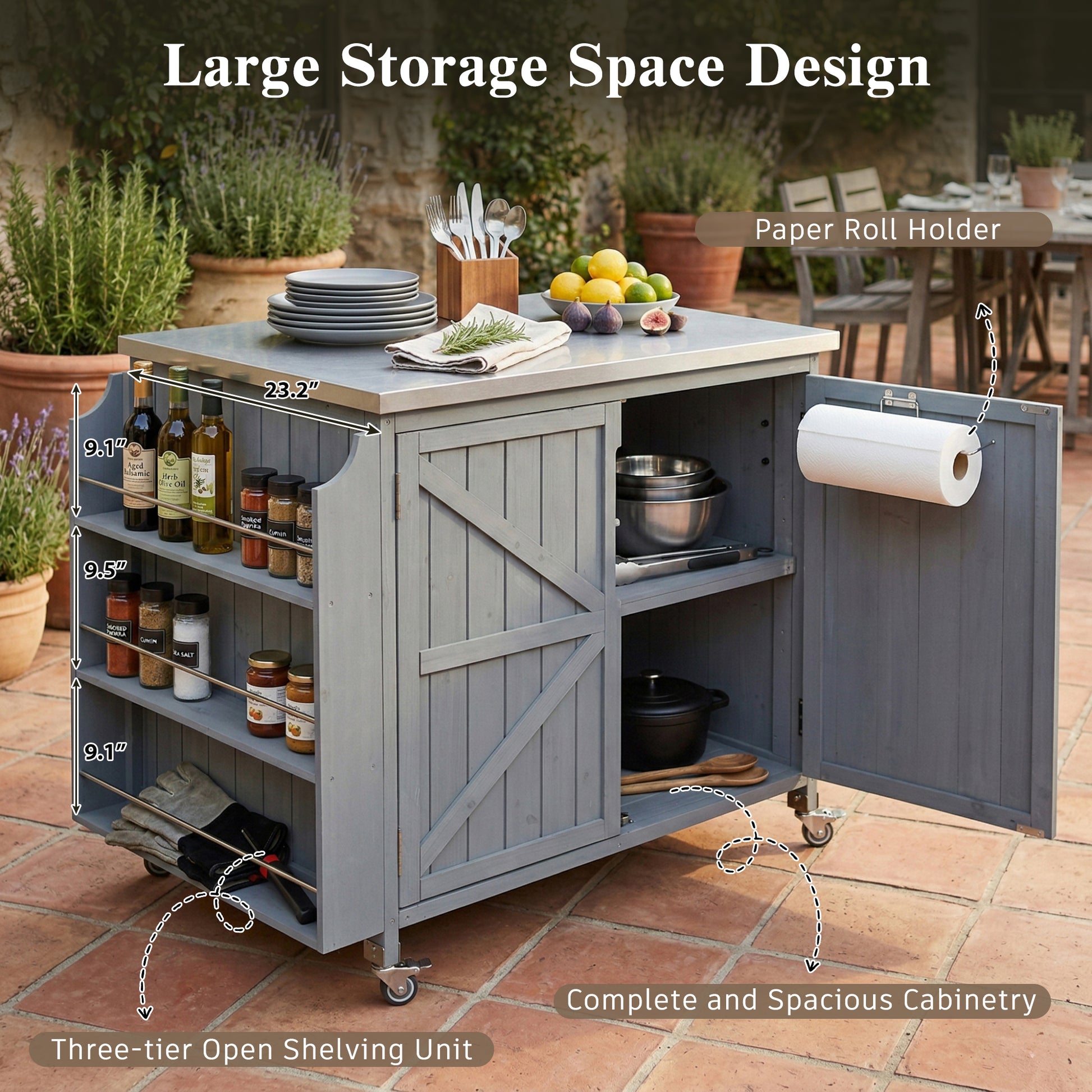 K&K 42.1  Outdoor Kitchen Island With Side Shelf, Outdoor Grill Cart With Storage Cabinet, Outdoor Kitchen Cabinet With Stainless Steel Top,  Adjustable Shelf And 4  Wheels For Pizza Prep, Grey Blue