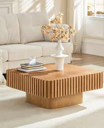 Modern 35.43 Inch Handcraft Drum Coffee Table Square Coffee Table For Living Room,Small Wooden Coffee Table With Sturdy MDF Pedesta,Narual Color