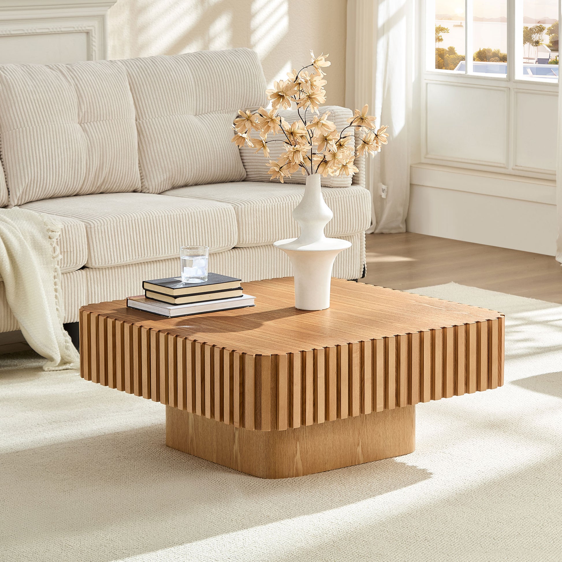 Modern 35.43 Inch Handcraft Drum Coffee Table Square Coffee Table For Living Room,Small Wooden Coffee Table With Sturdy MDF Pedesta,Narual Color
