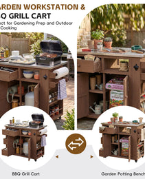 TOPMAx Outdoor Solid Wood Extendable 19.3  28  Kitchen Island  Stainless Steel Top Grill Table With Side Spice Rack  Kitchen Cart With Drawers  Storage Cabinet For Backyard  BBQ Party  Brown