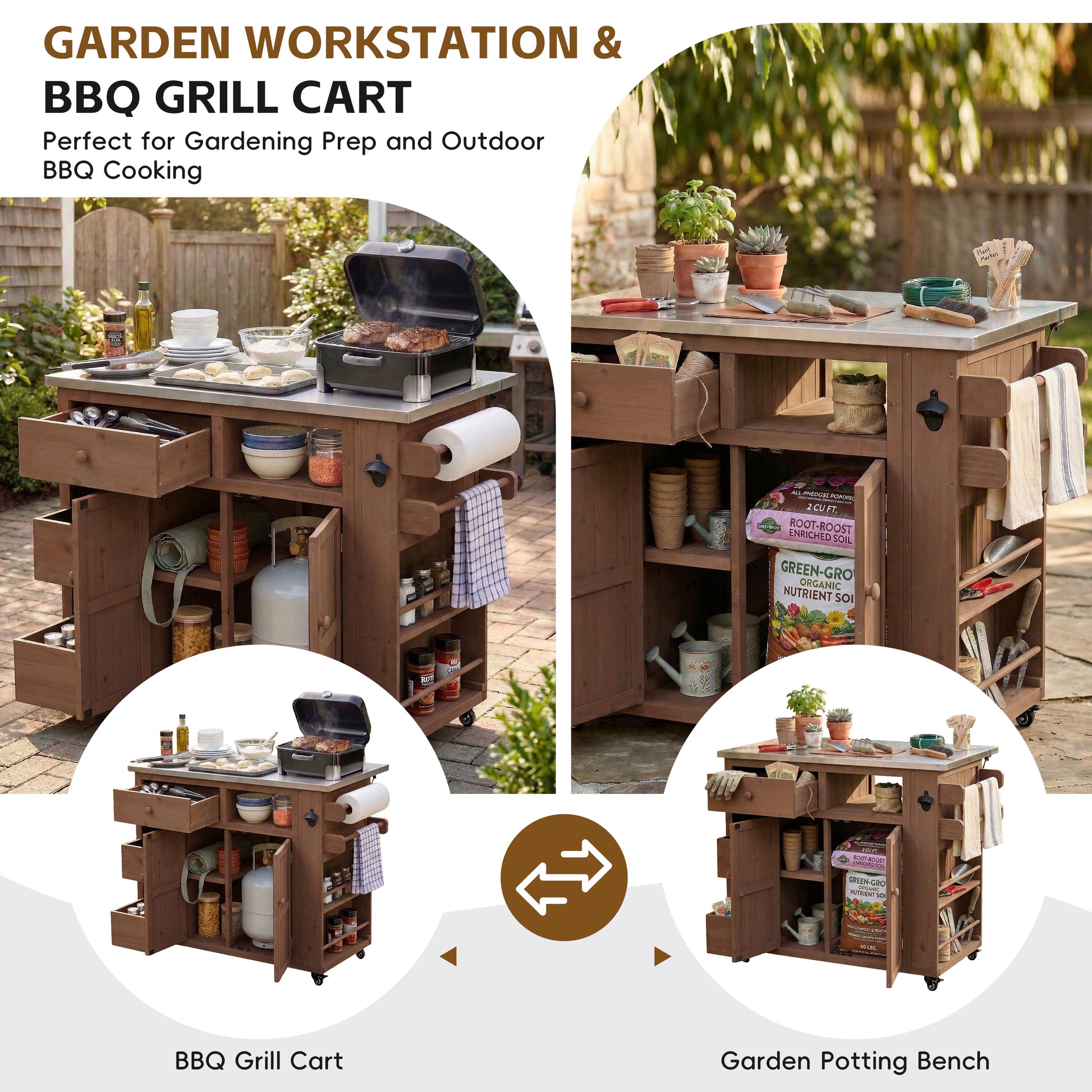 TOPMAx Outdoor Solid Wood Extendable 19.3  28  Kitchen Island  Stainless Steel Top Grill Table With Side Spice Rack  Kitchen Cart With Drawers  Storage Cabinet For Backyard  BBQ Party  Brown