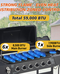 6 Burner BBQ Propane Gas Grill With Side Burner 59000 BTU Output Stainless Steel Barbecue Grill With Enamel-Coated Grates And Side Tables For Outdoor Cooking Kitchen And Patio Backyard.