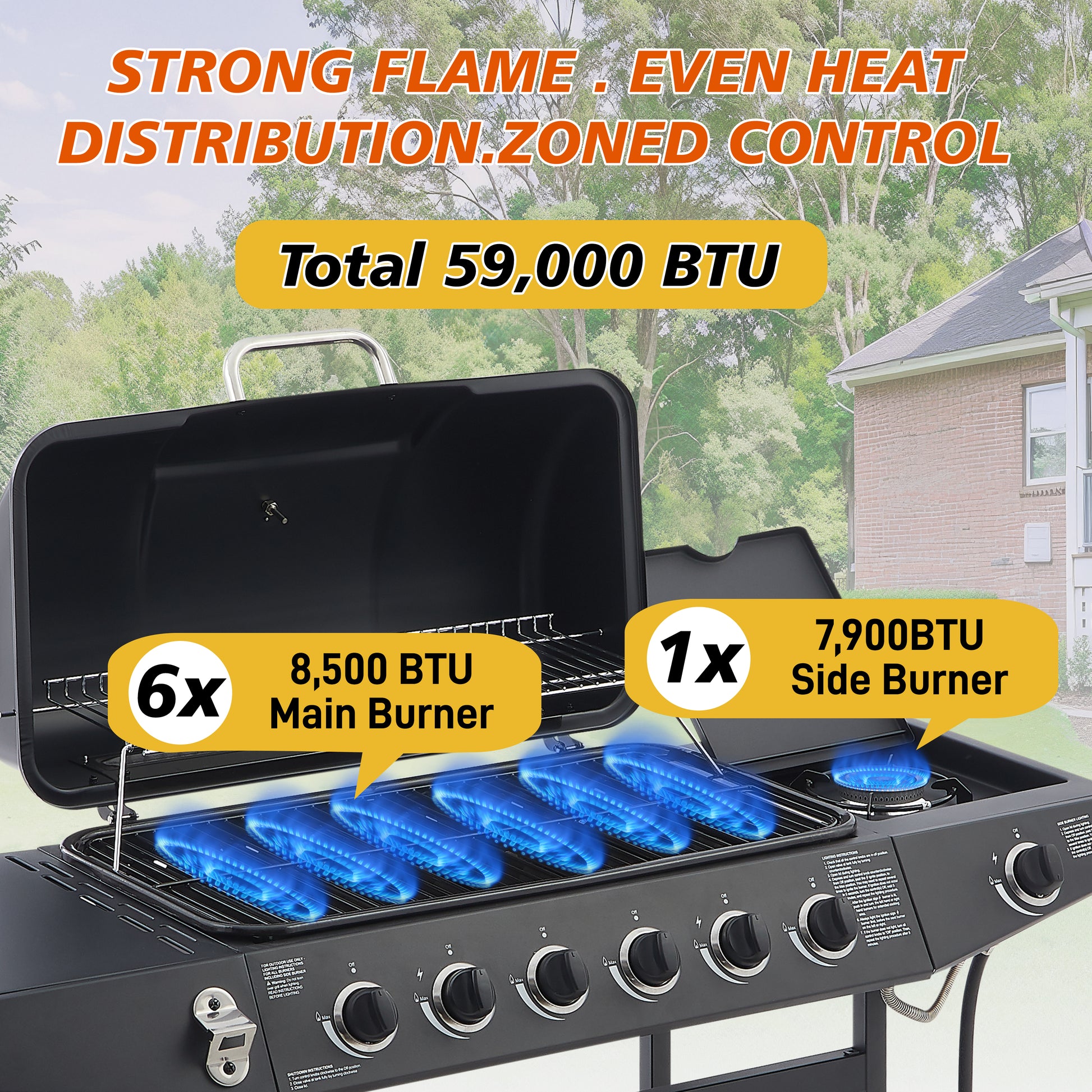 6 Burner BBQ Propane Gas Grill With Side Burner 59000 BTU Output Stainless Steel Barbecue Grill With Enamel-Coated Grates And Side Tables For Outdoor Cooking Kitchen And Patio Backyard.
