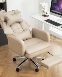 Swivel Ergonomic Office Chair, Technology Leather  High Back Office Chair With Lumbar Support Headrest, Sedentary Comfortable Boss Chair, 155 Reclining Computer Chair Color  Beige