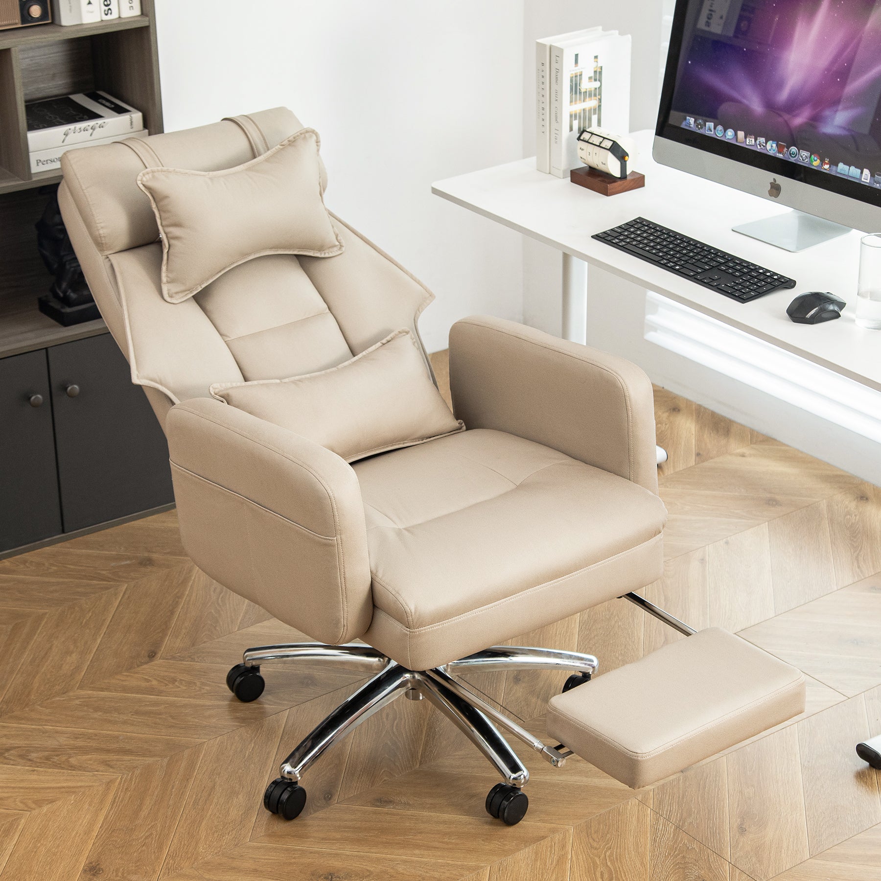 Swivel Ergonomic Office Chair, Technology Leather  High Back Office Chair With Lumbar Support Headrest, Sedentary Comfortable Boss Chair, 155 Reclining Computer Chair Color  Beige