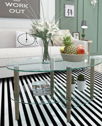 Transparent Oval Glass Coffee Table Modern Table Wood Leg Tea Table 3-layer