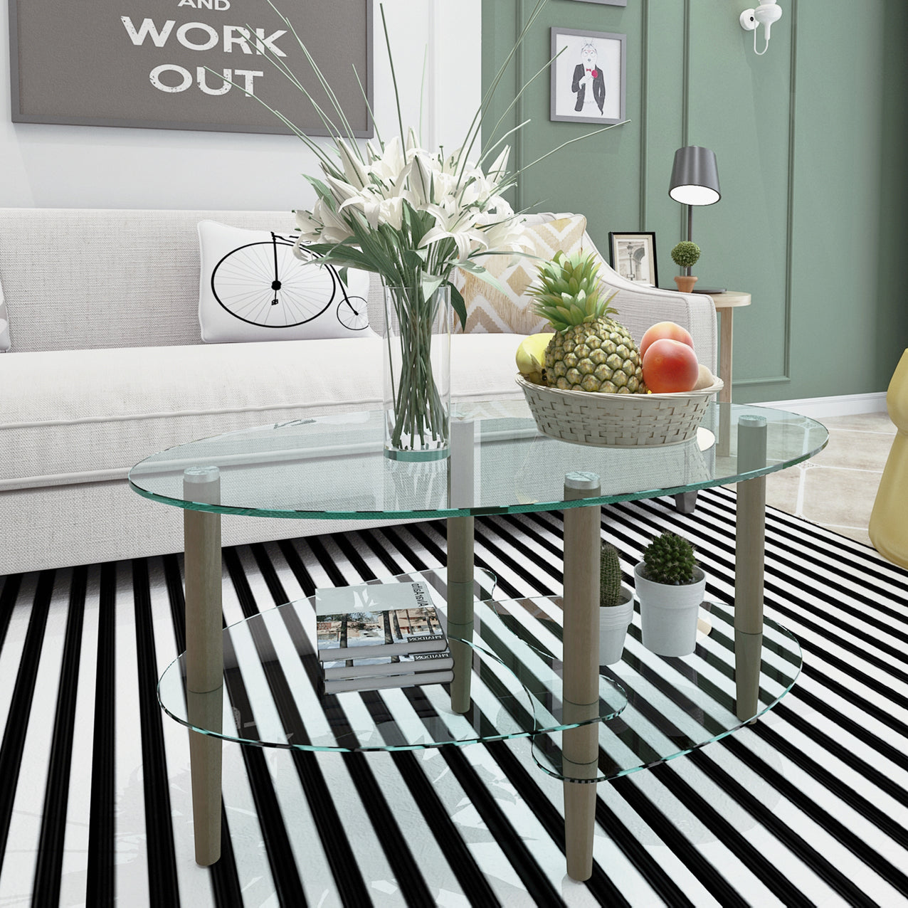 Transparent Oval Glass Coffee Table Modern Table Wood Leg Tea Table 3-layer