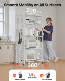 5-Tier Foldable Storage Shelf, 28 W X 15D X 64H Inch Folding Metal Rack Shelving Unit, No Assembly Organizer Shelf With 5 Wheels & 4 Hooks For Pantry, Kitchen, Garage, Basement, White