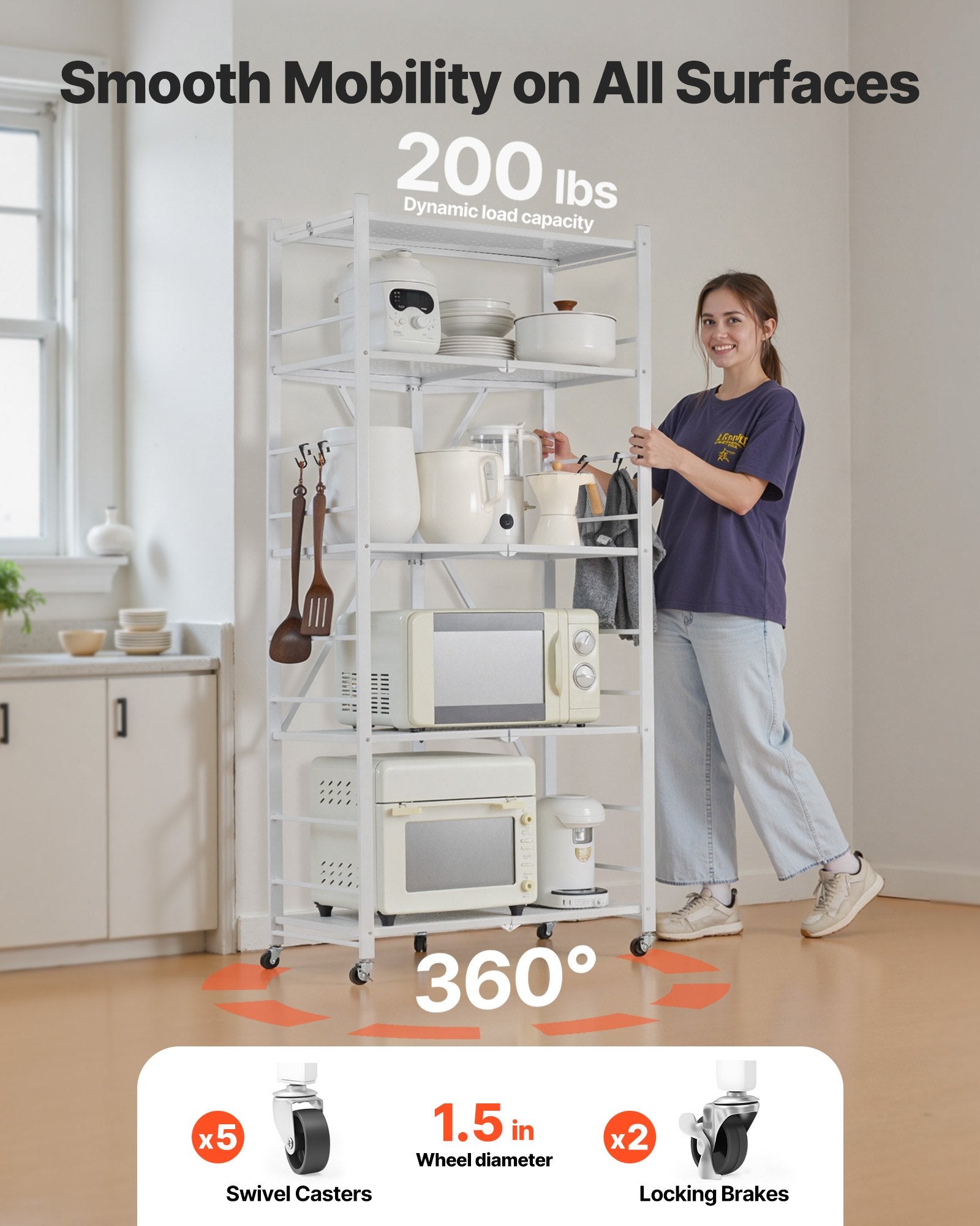 5-Tier Foldable Storage Shelf, 28 W X 15D X 64H Inch Folding Metal Rack Shelving Unit, No Assembly Organizer Shelf With 5 Wheels & 4 Hooks For Pantry, Kitchen, Garage, Basement, White