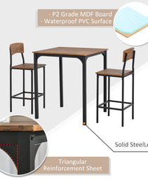 3 Piece Pub Table and Chairs, Small Kitchen Table and Chairs, Square Dining Table with 2 Stools, Walnut and Black