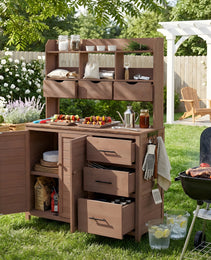 With Assembly Video  TOPMAx Farmhouse Patio Potting Bench  44.6 X19.5  Large Freestanding Garden Workstation With 6 Drawers  Bottom Cabinet And Side Hook  Outdoor Kitchen Island  Brown
