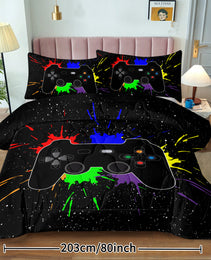 Black Video Game Comforter For Girls Boys Red Blue Green Purple Yellow Ink Game Controller Bedding Boy Bedroom Living Bed Decor With 1 Comforter 2 Pillow Shams