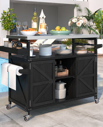 K&K Outdoor Kitchen Island, Rolling Bar Cart & Storage Cabinet, Farmhouse Solid Wood Outdoor Grill Table With Stainless Steel Top, Spice Rack , Towel Rack For Kitchen & Barbecue, Black