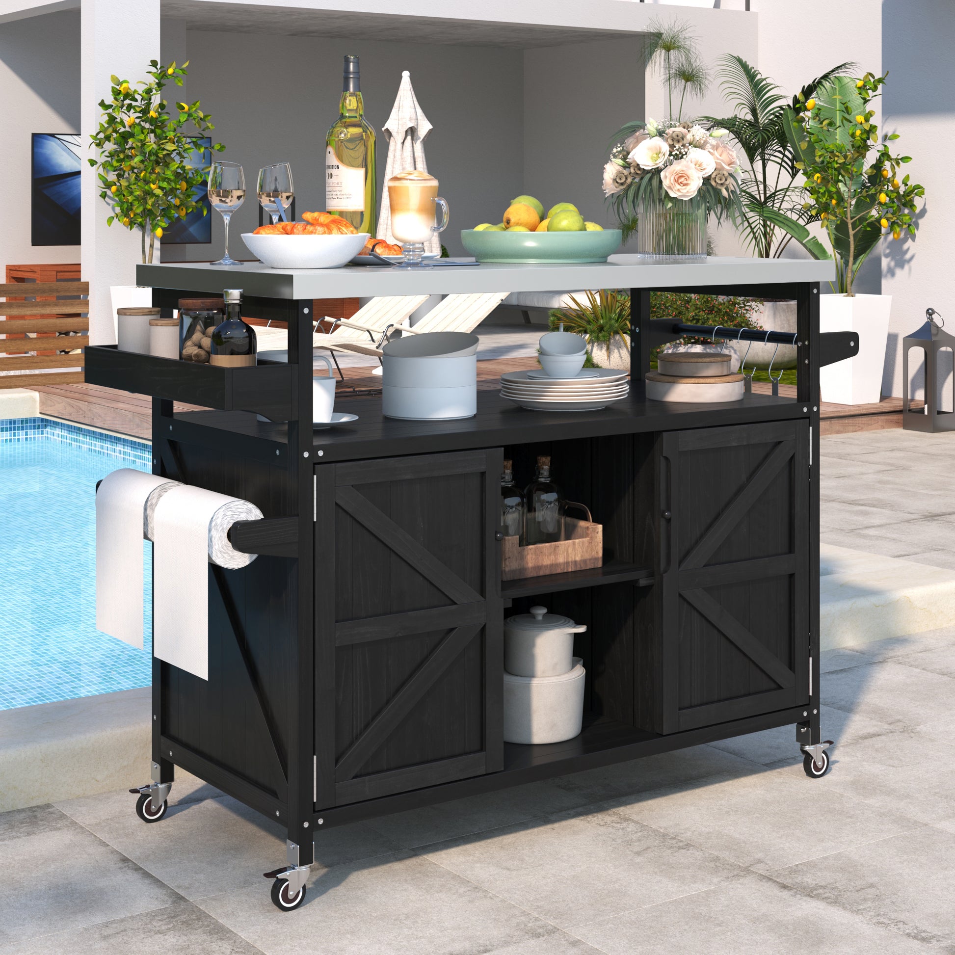 K&K Outdoor Kitchen Island, Rolling Bar Cart & Storage Cabinet, Farmhouse Solid Wood Outdoor Grill Table With Stainless Steel Top, Spice Rack , Towel Rack For Kitchen & Barbecue, Black