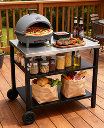 3-Tier Outdoor Grill Cart With Stainless Steel Top, Movable BBQ Prep Table With Wheels, Rolling Serving Bar Cart For Patio, Backyard, Pizza Oven Stand, Black