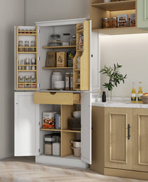 72" Kitchen Pantry Storage Cabinet, Modern Tall Kitchen Cabinet with 5-tier Storage Shelving, 8 Spice Racks, Drawer