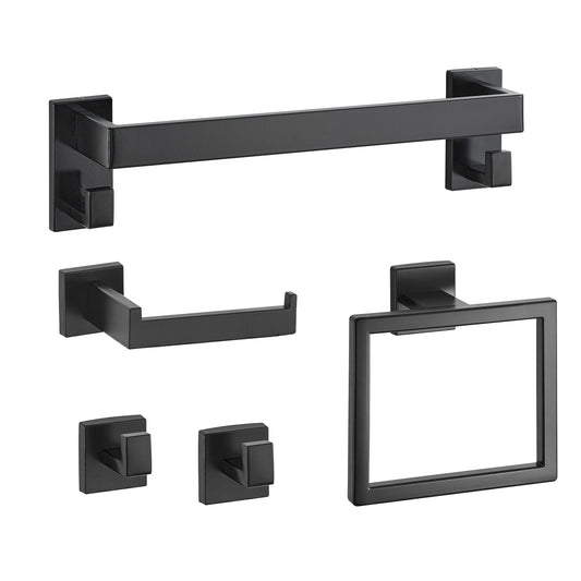 Matte Black Bathroom Hardware Set, 5 Pieces Bathroom Accessories Set, Stainless Steel 16 Inch Towel Bar, Towel Rack, 2 Robe Towel Hooks, Toilet Paper Holder For Bath Room, Wall Mounted