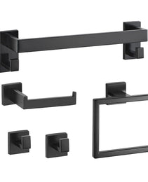 Matte Black Bathroom Hardware Set, 5 Pieces Bathroom Accessories Set, Stainless Steel 16 Inch Towel Bar, Towel Rack, 2 Robe Towel Hooks, Toilet Paper Holder For Bath Room, Wall Mounted