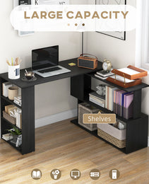 360° Rotating Home Office Desk L Shaped Corner Computer Desk with Storage Shelves, Writing Table Workstation, Black