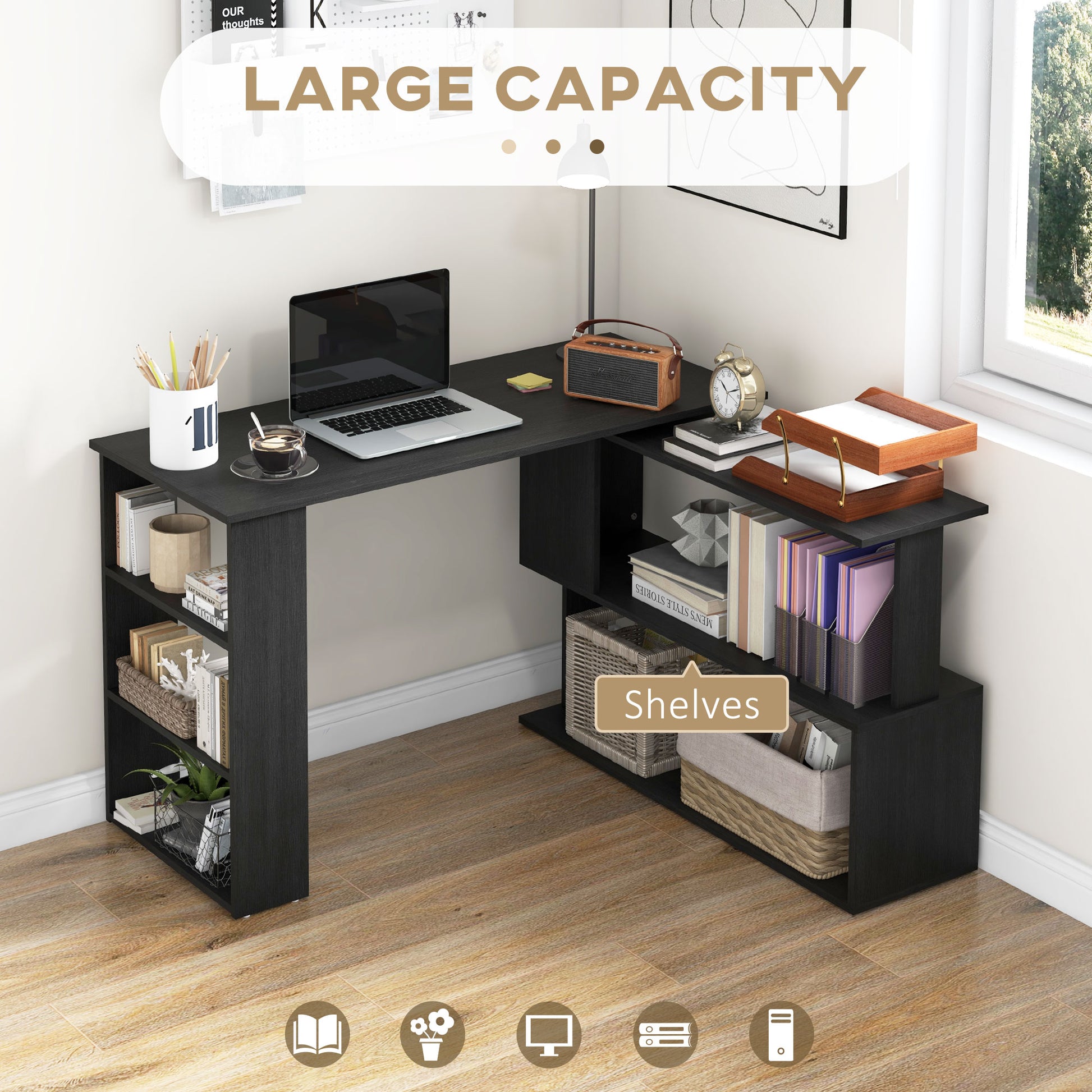 360° Rotating Home Office Desk L Shaped Corner Computer Desk with Storage Shelves, Writing Table Workstation, Black