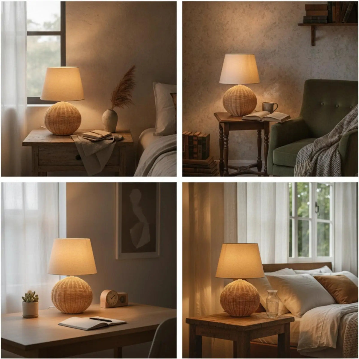 Bedside Lamp Rattan Base Fabric Shade Night Table Lamp Decorative Lighting for Bedroom Living Room