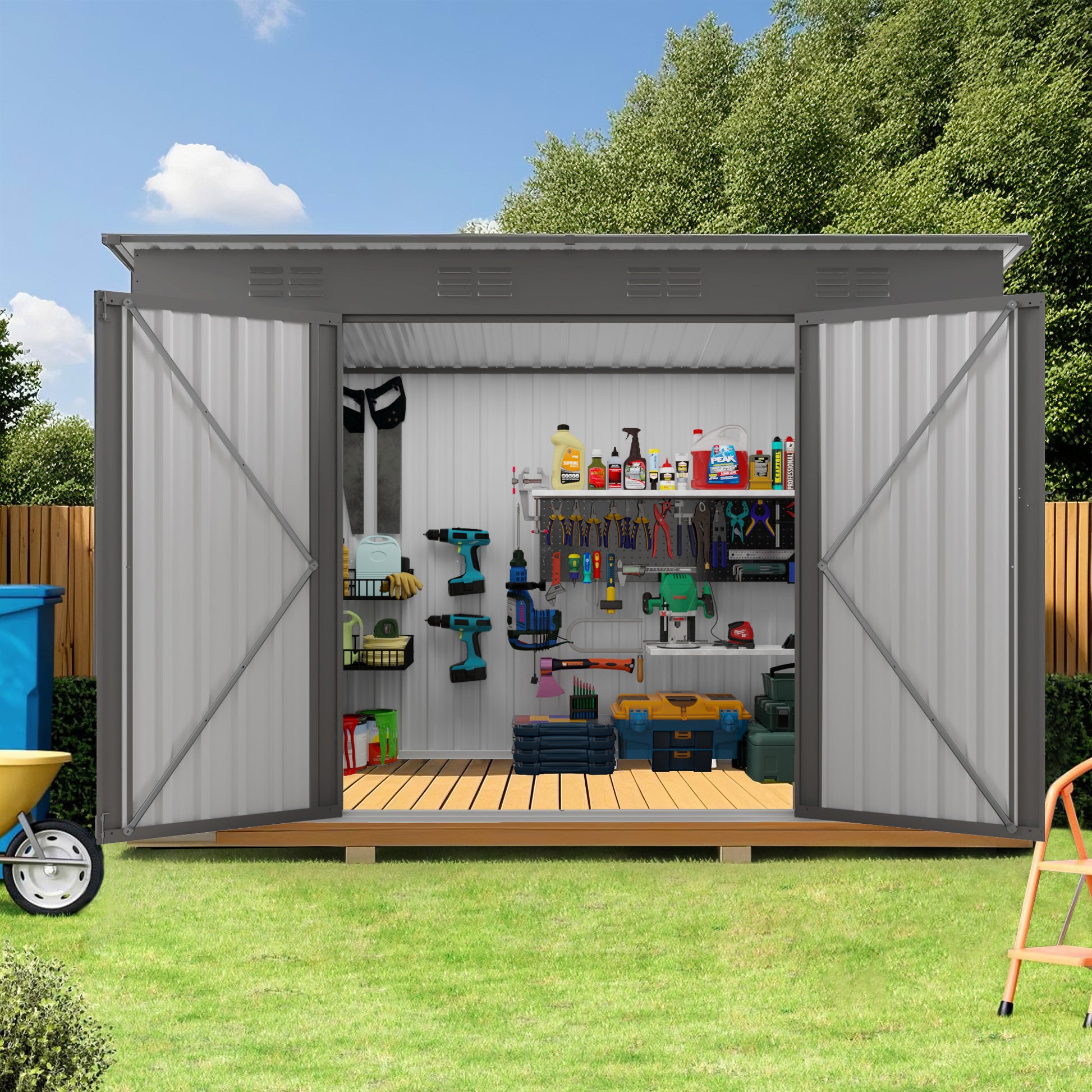 4 X 9 FT Outdoor Storage Shed, Metal Garden Shed Tool House With Sloping Roof,6 Vents And 2 Swing Doors For Backyard, Garden,Patio, Garage, Lawn, Gray
