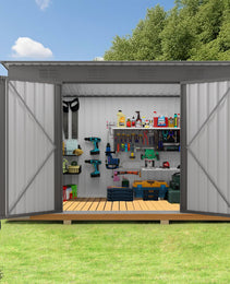 4 X 9 FT Outdoor Storage Shed, Metal Garden Shed Tool House With Sloping Roof,6 Vents And 2 Swing Doors For Backyard, Garden,Patio, Garage, Lawn, Gray