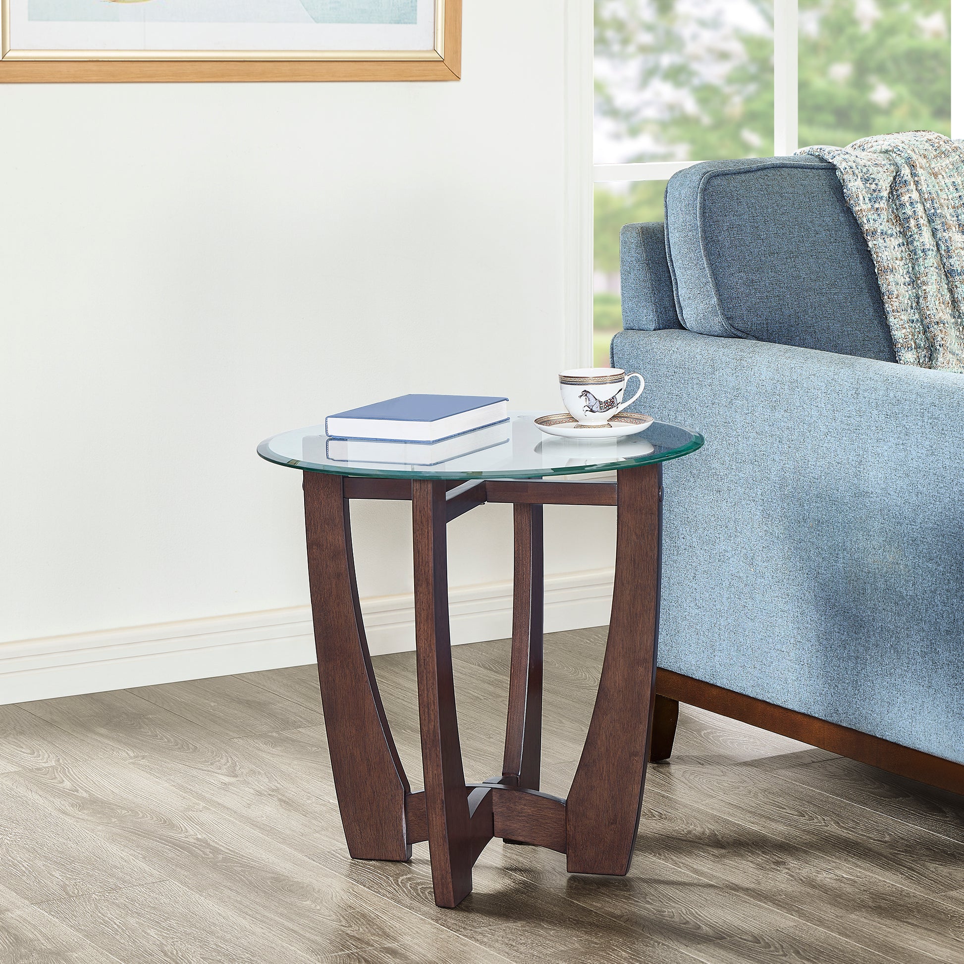 23.5 Inch Round Glass Coffee Table, Cherry Round Coffee Table Center Table With Glass Top, Small Coffee Table For Living Rooms, Offices And Apartments