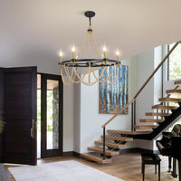 Black Beaded Chandelier Boho Ceiling Light Fixture, Candle Wagon Wheel Chandeliers with 6-Light,Modern Farmhouse Hanging Lighting with Wooden Bead Pendants for Dining Room, 28 Inch