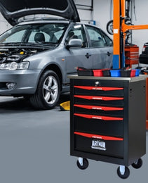 5 Drawers Multifunctional Tool Cart With Wheels,Metal Rolling Tool Cart Storage For Garage Workshop Warehouse Repair Shop--With Stainless Steel Roof- BLACK RED